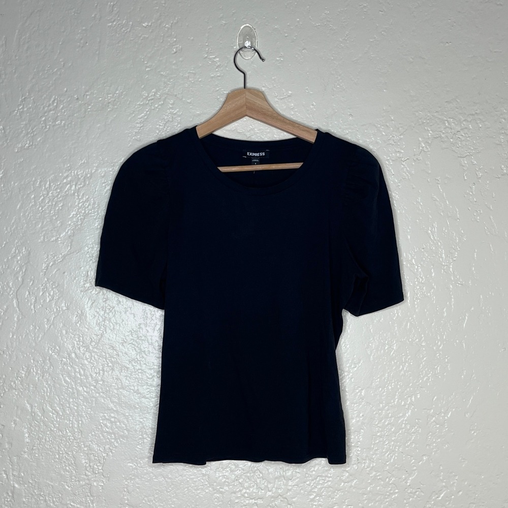 Express Black Supima Cotton Puff Sleeve Crew Neck Tee Top S 026340921